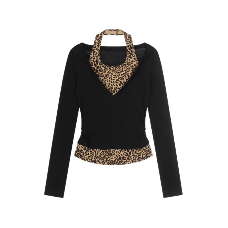 Leopard Print Patchwork Black Long Sleeve