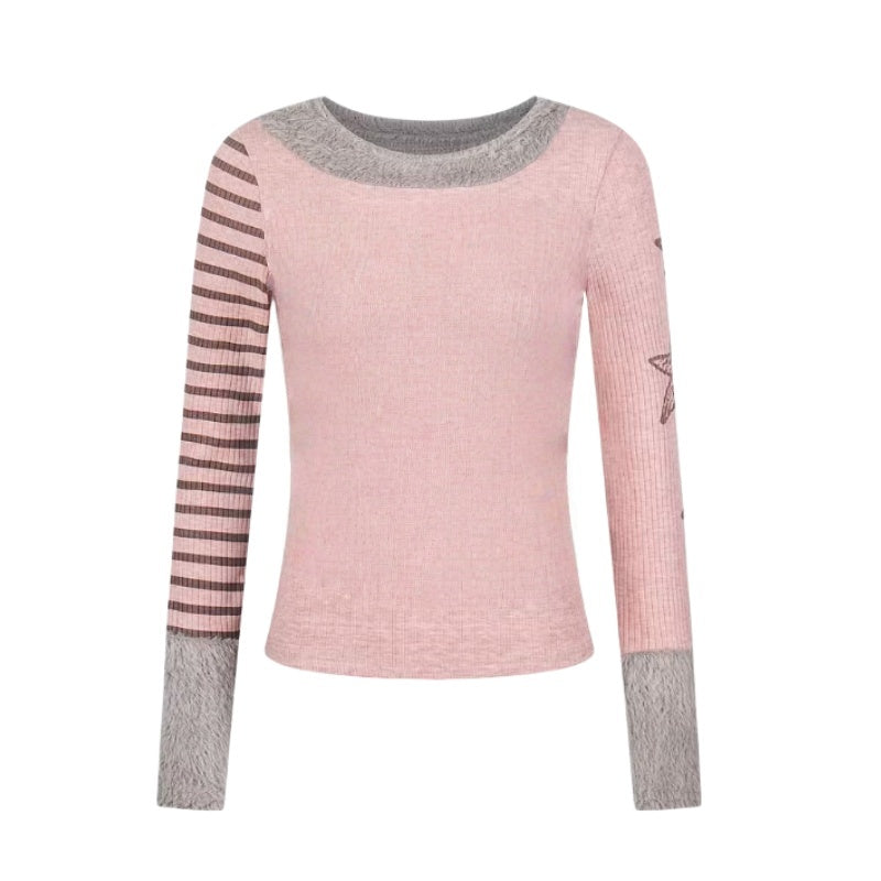 Faux-Fur Patch Slim-Fit Pink Long Sleeve
